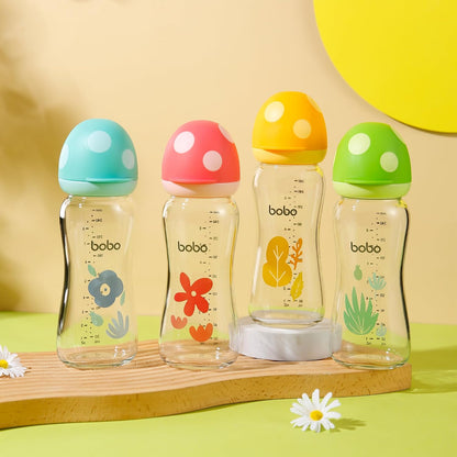 YOHKOH Natural Glass Baby Bottle with Level 1 Slow Flow Nipple, Newborn Anti-Colic Baby Bottles, Wide Neck Mushroom Baby Glass Bottle (Multicolour-A, 3.4oz (Pack of 4))