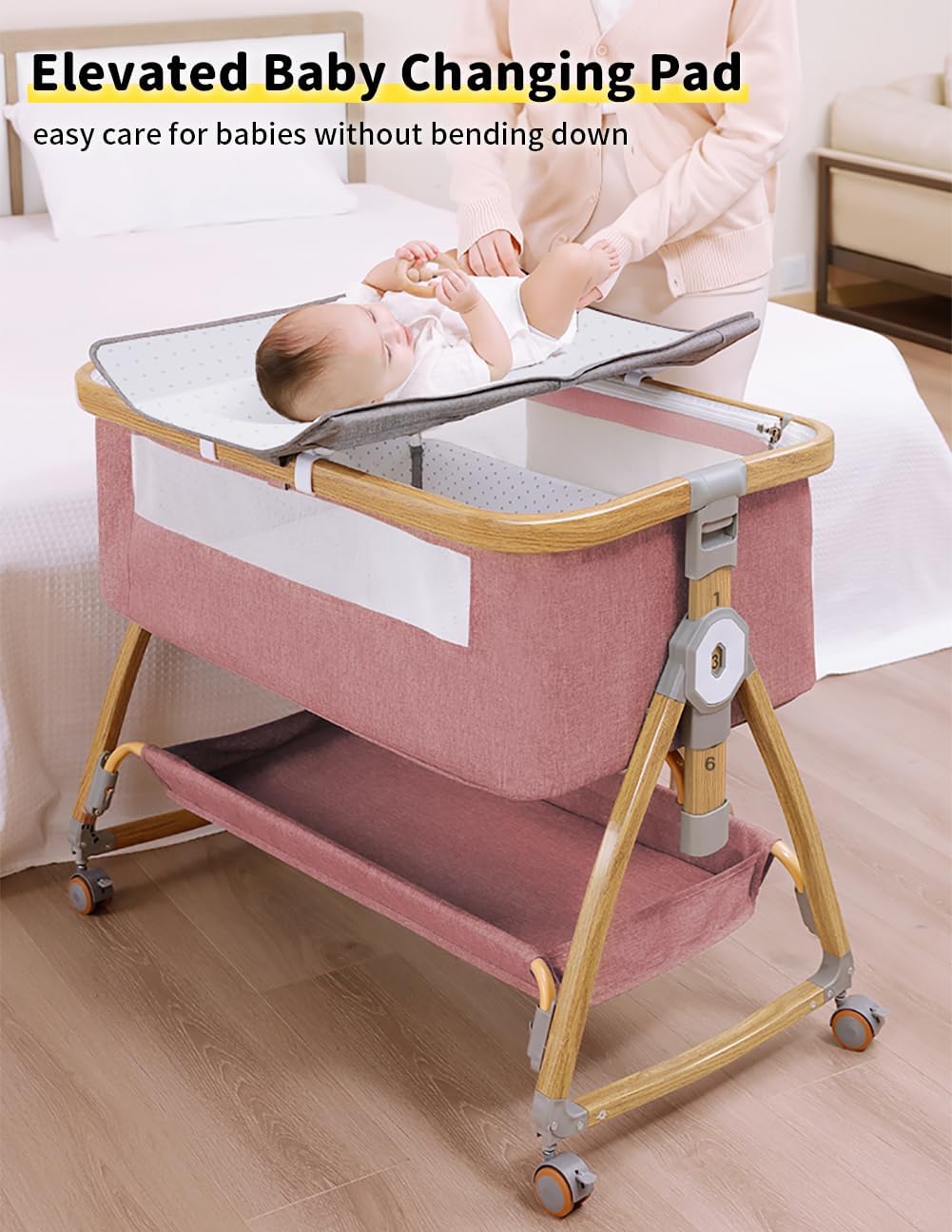Baby Bassinet, Bedside Bassinet for Baby, 4 in 1 Portable Bassinet Bedside Sleeper with Wheels Mosquito Net & Storage Basket, 6 Height Adjustable Rocking Bassinet for Newborn Baby