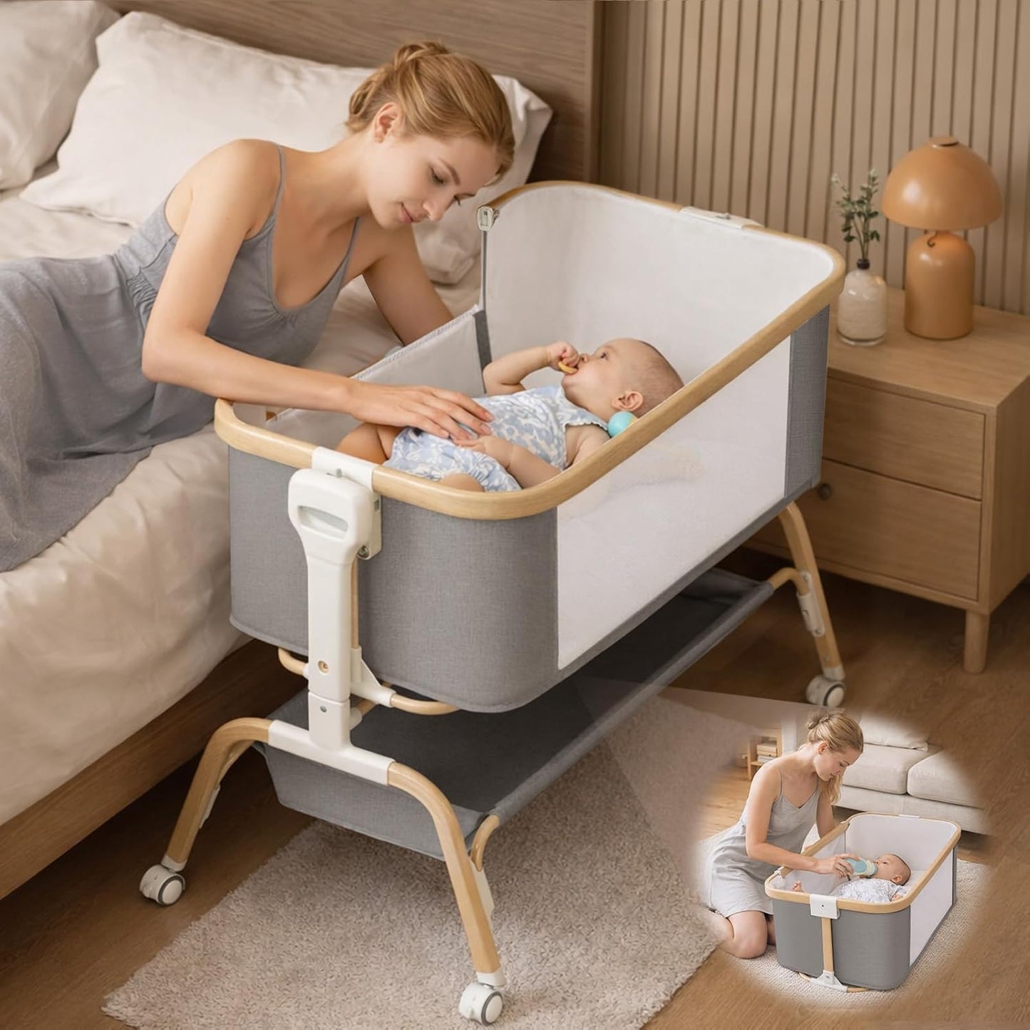 Rocking Baby Bassinet Bedside Sleeper, Detachable Portable Bassinet & Adjustable Crib with 8 Heights, Breathable Mesh, Storage Basket & Mobile Toy for Newborns to Toddlers(Oatmeal)