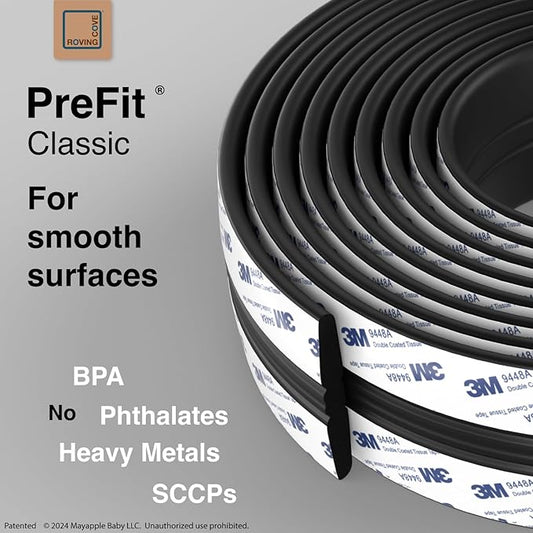 Roving Cove PreFit (Classic) Furniture Edge Corner Protector (Standard 15ft Edge 4 Corners), Baby Proofing Bumper Guards, Onyx Black, Pre-Taped, for Straight Smooth Surfaces