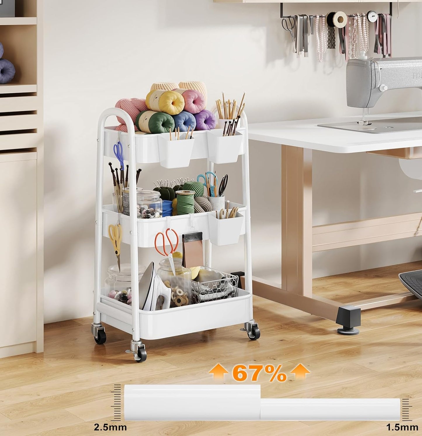 Beige 3 Tier Rolling Cart Metal on Wheels, Three Tiered Storage Organizer Utility Trolley with Wheels for Art, Craft, Baby Diaper Caddy, Snack, Book, Nail, Lash, Cleaning Supplies, Kitchen, Bathroom