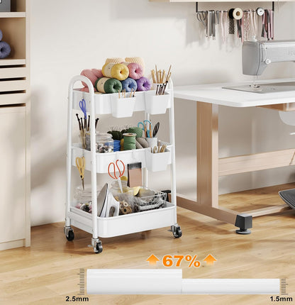 Beige 3 Tier Rolling Cart Metal on Wheels, Three Tiered Storage Organizer Utility Trolley with Wheels for Art, Craft, Baby Diaper Caddy, Snack, Book, Nail, Lash, Cleaning Supplies, Kitchen, Bathroom