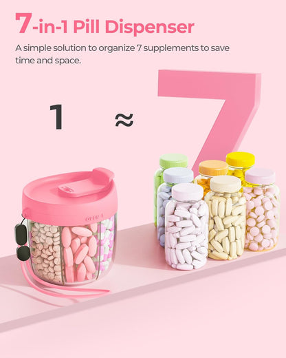 AMOOS Cute Pill Dispenser with 7 Compartments, Pill Bottle Organizer with Anti-Mix Design, Portable Pill Organizer for Travel with Wide Mouth for Easy Access, BPA-Free Patented Pill Container, Pink
