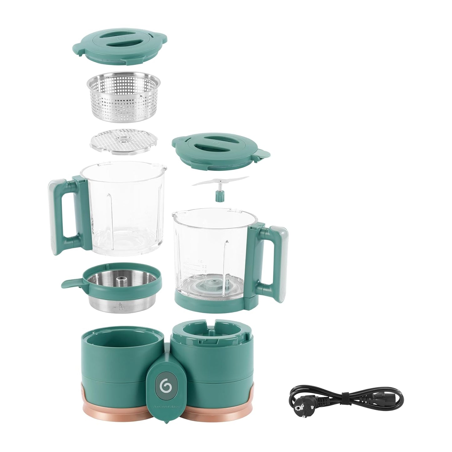 Babymoov Duo Meal Glass Food Maker - Baby Food Processor with Built-in Glass Steamer, Stainless Steel Basket, and Glass Blender (Over 6 Cup Capacity), Dark green