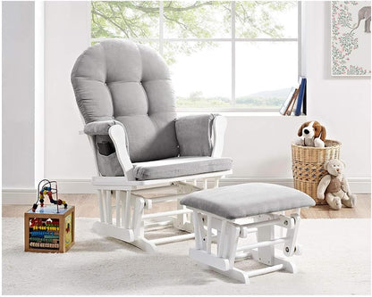 HomeStock Glider and Ottoman Set - Padded Arms, Storage Pockets, Metal Bearings White and Blue