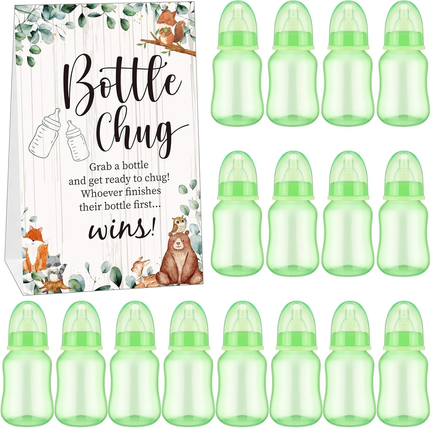 TrelaCo Bottle Chug Baby Shower Game 20 Pcs Baby Bottles Shower Favor with 1 Greenery Theme Sign for Gender Reveal Party Supplies Gifts(Green)