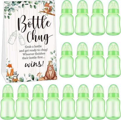 TrelaCo Bottle Chug Baby Shower Game 20 Pcs Baby Bottles Shower Favor with 1 Greenery Theme Sign for Gender Reveal Party Supplies Gifts(Green)