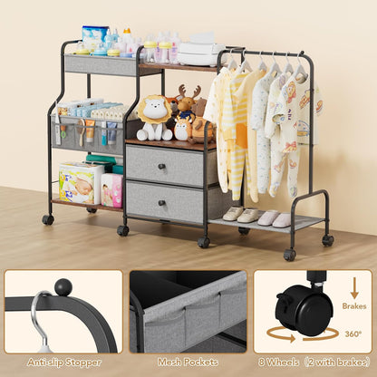 BBLIKE Diaper Caddy Organizer with Hanging Rack - 3 Tier Rolling Utility Cart with Drawers and Dividers for Baby Bottle Storage - Bedside Cart for Changing Station, Crib, Nursery, Bedroom, Beige