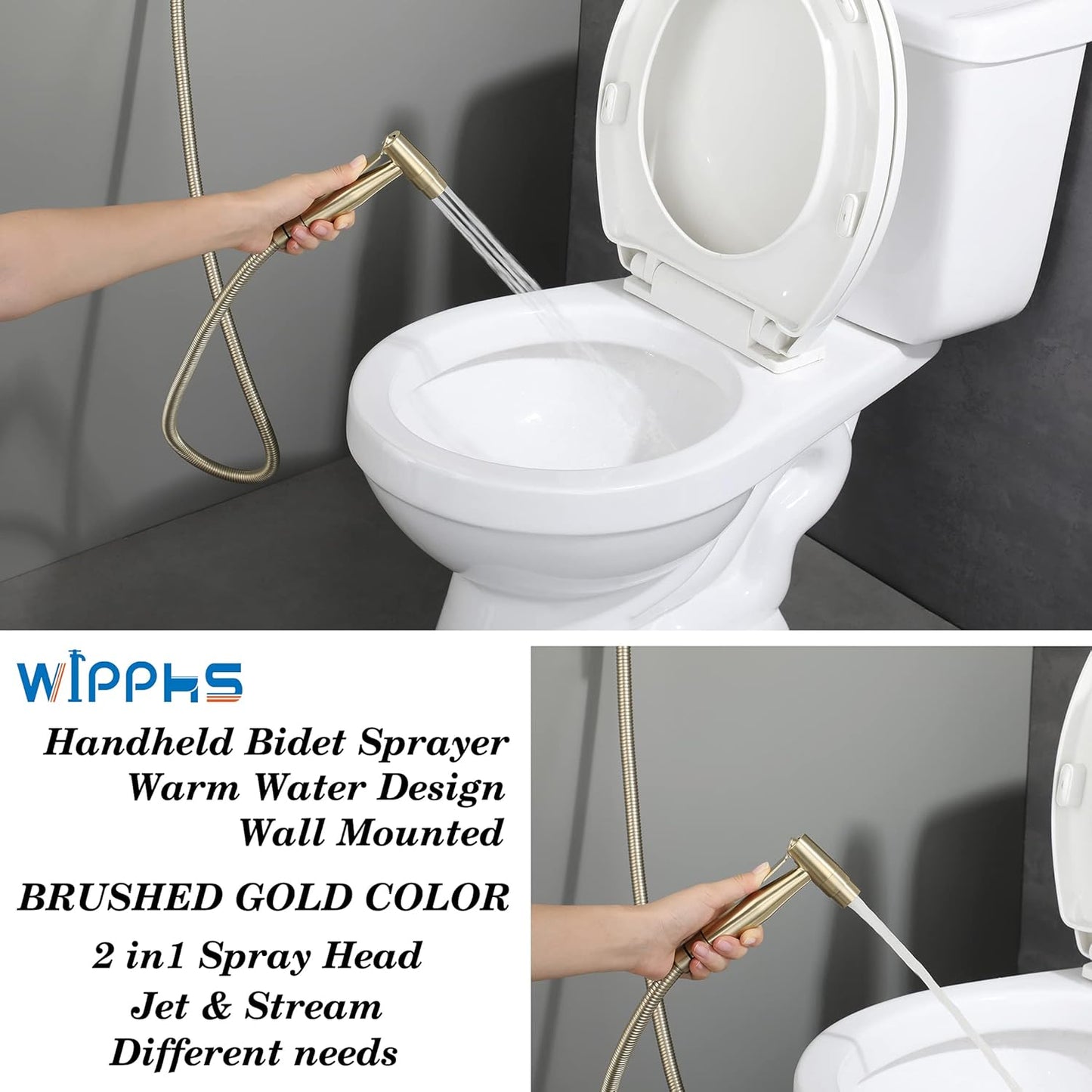 Chrome Handheld Bidet Sprayer for Toilet Warm Water, WiPPhs Stainless Steel Polished Silver Bidet Hand Held Sprayer with Brass Hot and Cold Mixing Valve, WI9138CP