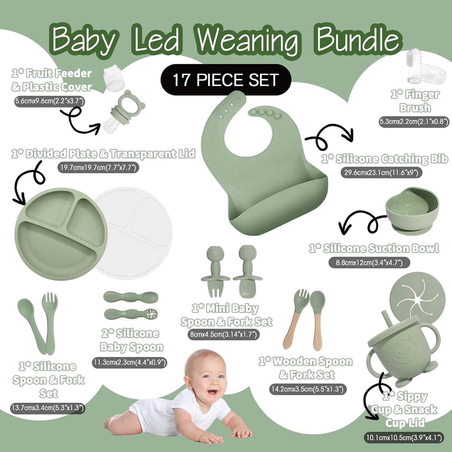 Baby Led Weaning Supplies, 17 Piece BPA-Free Silicone Feeding Set, Eating Essentials Baby Utensils with Suction Plate and Bowl, Pocket Bib, Sippy Cup with Lid, for 6+ Months, Blue