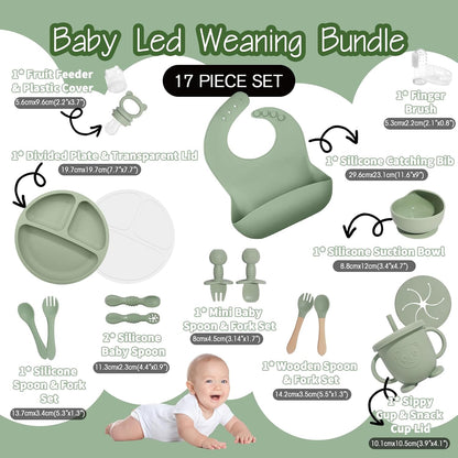 Baby Led Weaning Supplies, 17 Piece BPA-Free Silicone Feeding Set, Eating Essentials Baby Utensils with Suction Plate and Bowl, Pocket Bib, Sippy Cup with Lid, for 6+ Months, Blue