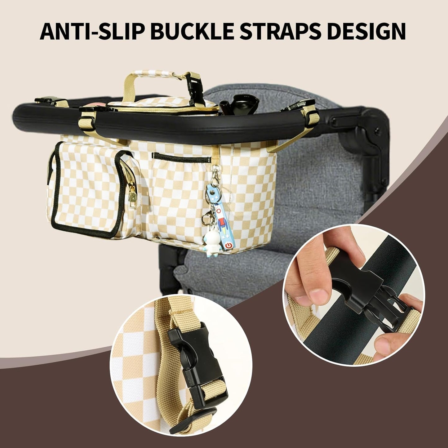 Universal Parent Console Stroller Organizer with Removable Cooler Bag & Changing Mat, Extra Large Wagon Caddy Accessories Fit for Wonderfold W4, Keenz, Jeep, Graco, Double Strollers (Checkerboard)