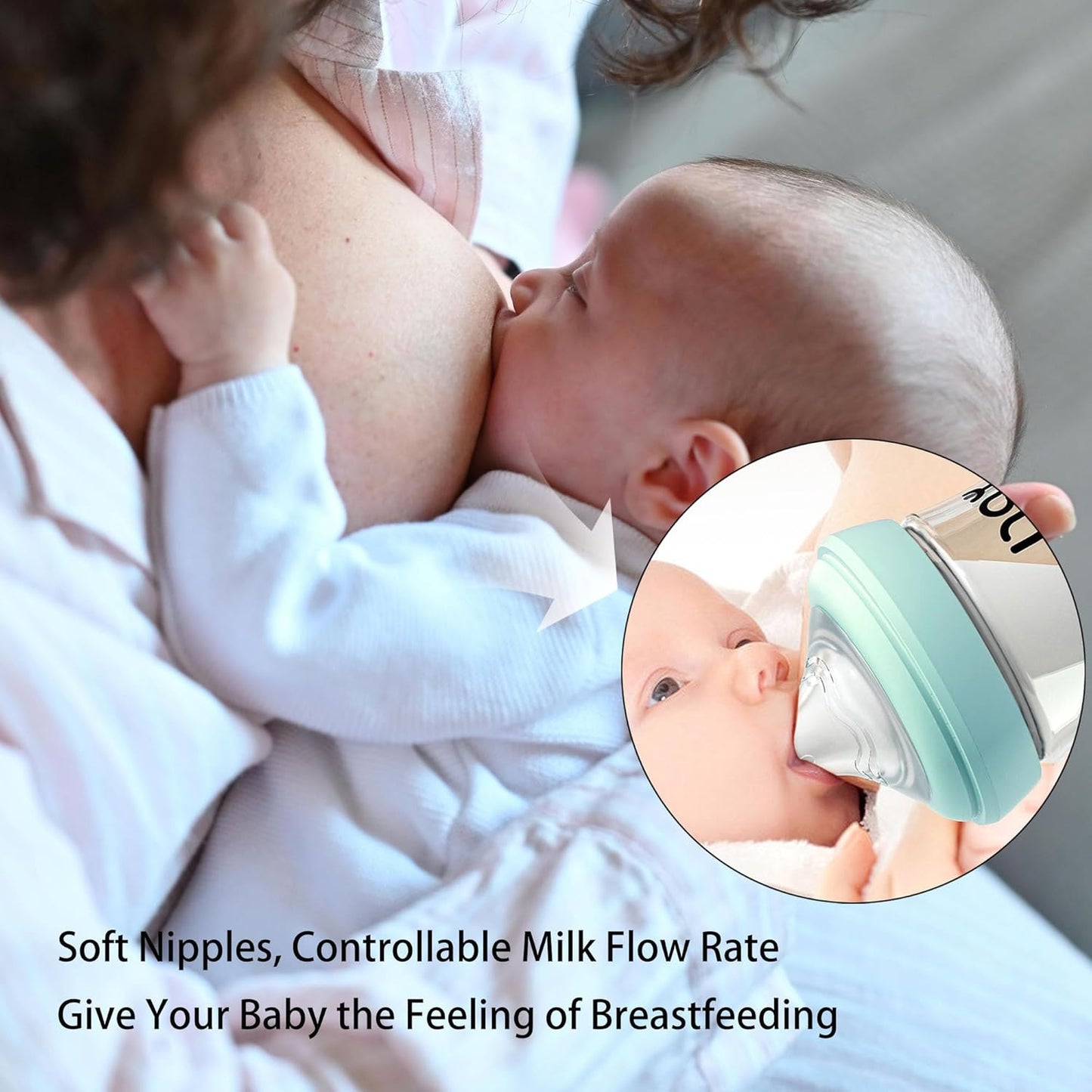 yanyoyo Natural Glass Baby Bottle for Breastfeeding Babies, 5.4oz Anti-Colic Baby Bottle with Natural Response Nipple(S), Clear, Wide Neck, 2 Pack, 1 Months+