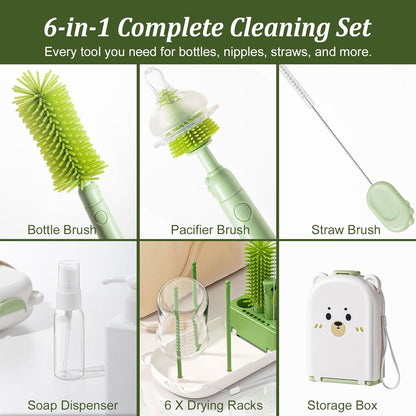 Pink Travel Baby Bottle Cleaner Kit – 6-in-1 Portable Brush Set with Drying Rack & Storage Case | Baby Travel Essentials for Flying, Newborn Bottle Cleaning & Breast Pump Parts On-The-Go