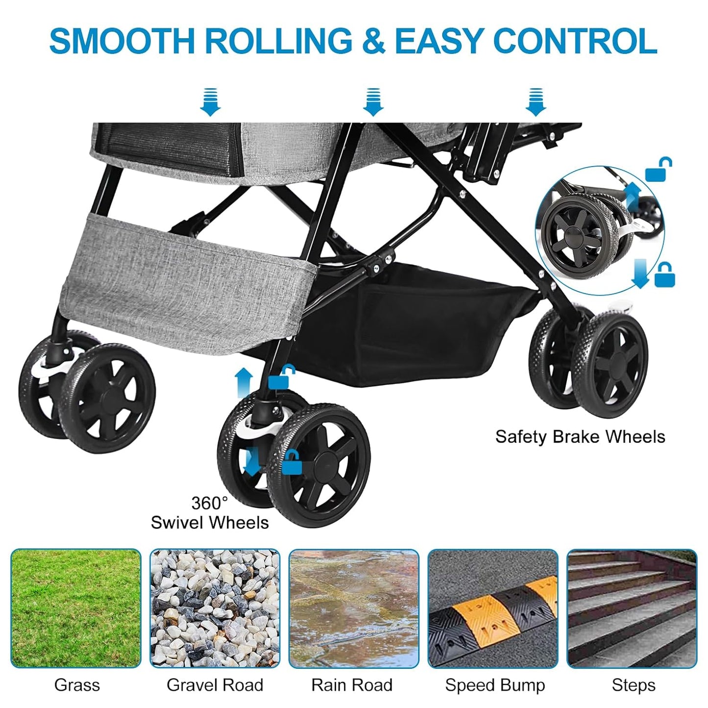 Lightweight Dog Stroller with Reversible Handle for Medium Small Dogs and Cats, Foldable Pet Stroller Travel Carriage with Large Storage Basket, 4 Wheels, Black