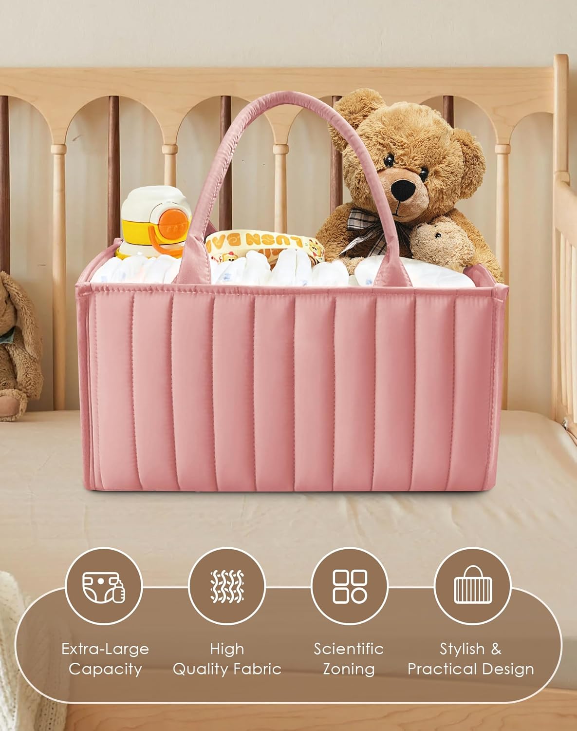 SWEET DOLPHIN 2-Pack Quilted Diaper Caddy Organizer – Premium Puffer Style Nursery Storage Bins – Water-Resistant & Wipeable Changing Table Organizer – Trendy Tote for Home & Car Travel - Mocha Brown