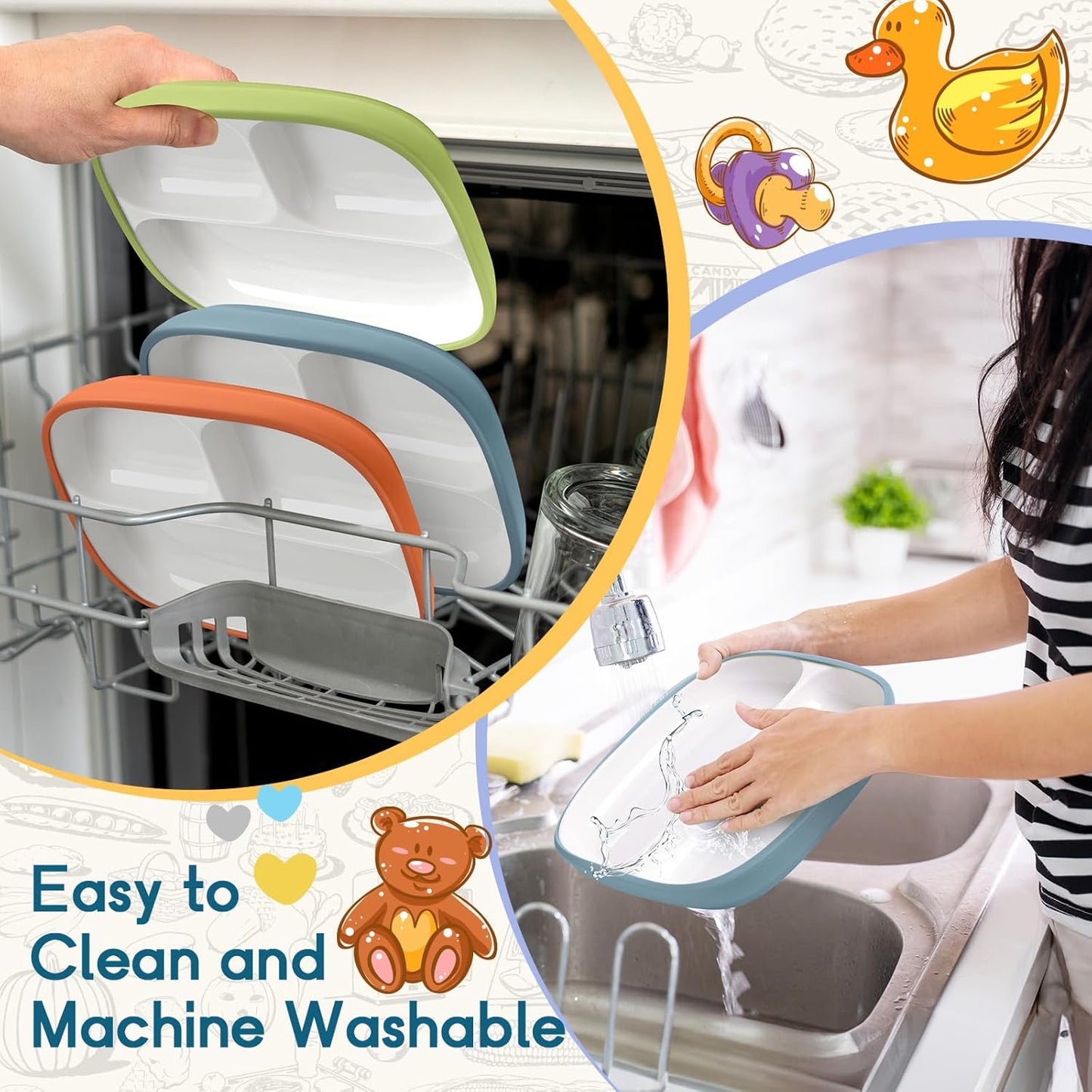 Domensi Kids Porcelain Plates with Silicone Sleeves 8.2 Inch Divided Porcelain Plate Toddler White Suction Dishes for Baby Troubleless Eating Microwave Dishwasher Safe(Stylish,3 Set)