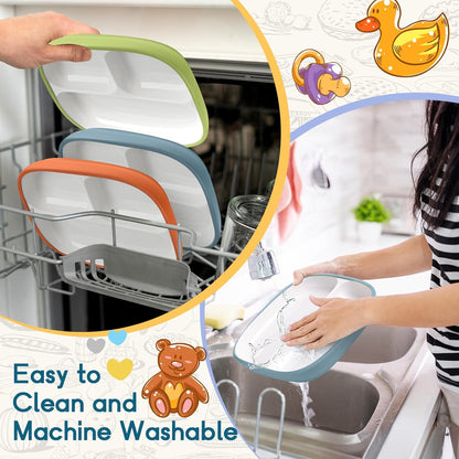 Domensi Kids Porcelain Plates with Silicone Sleeves 8.2 Inch Divided Porcelain Plate Toddler White Suction Dishes for Baby Troubleless Eating Microwave Dishwasher Safe(Stylish,3 Set)