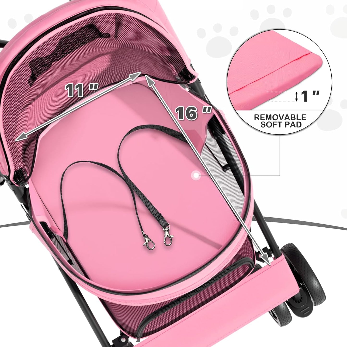 MoNiBloom 4 Wheels Pet Stroller, Easy-Fold Puppy Cage Jogger Stroller with Sun Cover, Pad and Rear Storage Bag, Breathable and Visible Mesh for Small/Medium Pets up to 22 lbs, Black