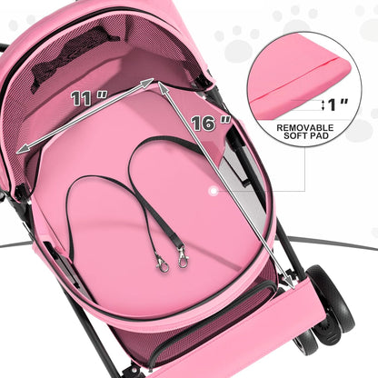 MoNiBloom 4 Wheels Pet Stroller, Easy-Fold Puppy Cage Jogger Stroller with Sun Cover, Pad and Rear Storage Bag, Breathable and Visible Mesh for Small/Medium Pets up to 22 lbs, Black