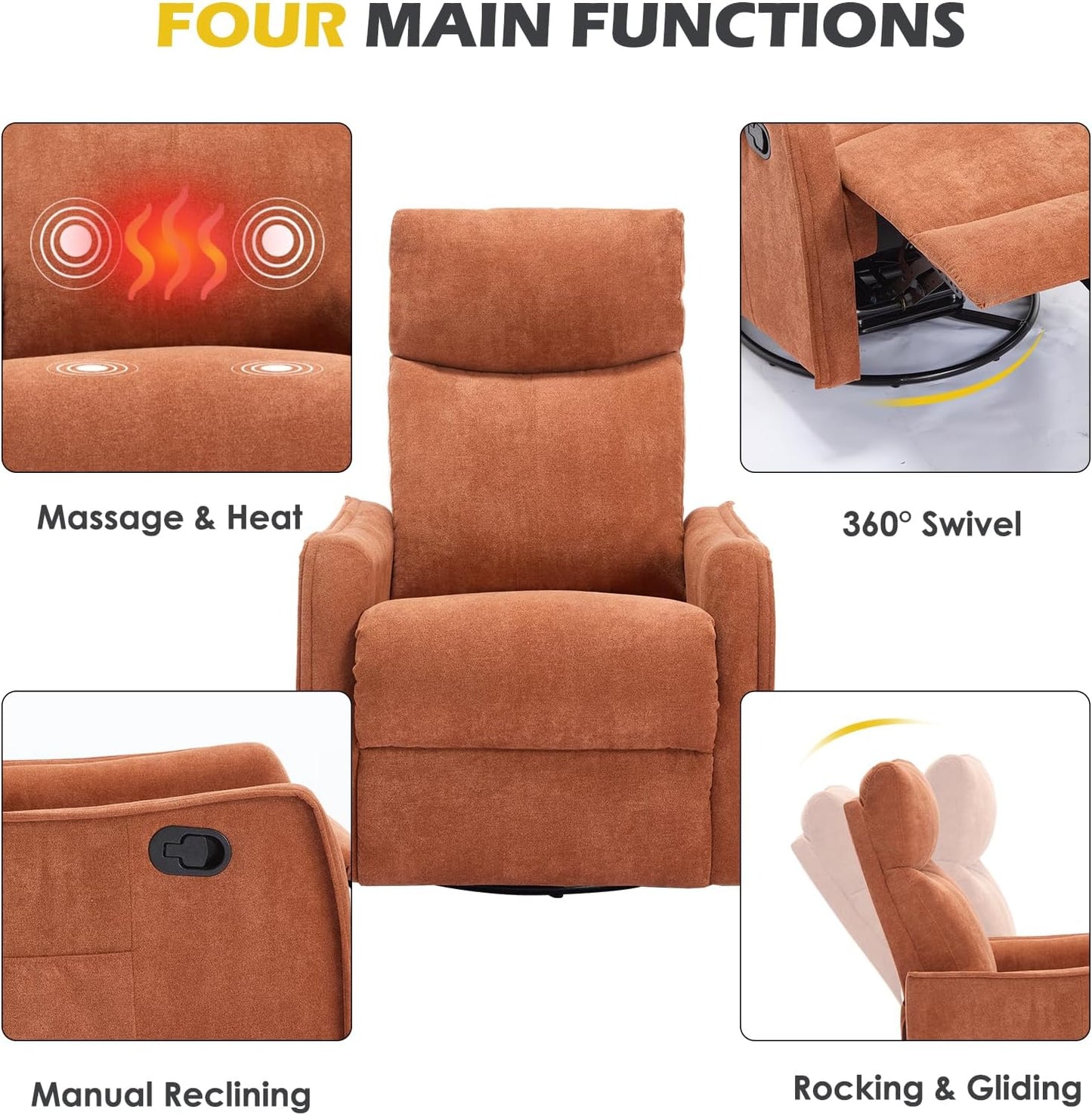 Trustyue Swivel Rocker Recliner Chair, 360° Swivel Recliner with Heat and Massage, Rocker Recliner Nursery Glider Chair with Side Pockets for Living Room (Beige, Fabric)