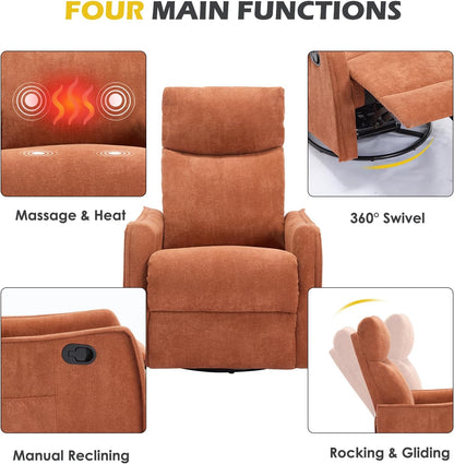 Trustyue Swivel Rocker Recliner Chair, 360° Swivel Recliner with Heat and Massage, Rocker Recliner Nursery Glider Chair with Side Pockets for Living Room (Beige, Fabric)