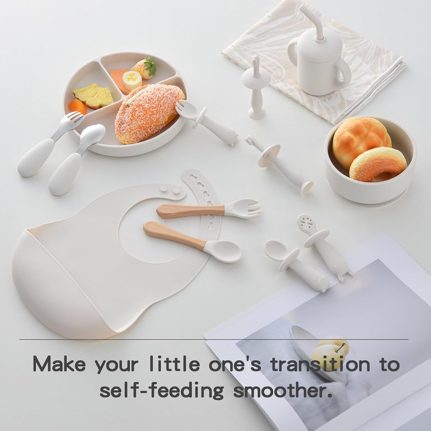 Silicone Feeding Set, 13PCS Baby Feeding Essentials with Suction Bowl & Plate, Spoons & Forks, Bib & Cup, Toothbrush, Baby Led Weaning Supplies for 6+ Months, Eating Essentials (Blue)