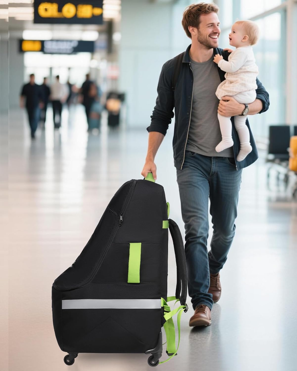 MCBD Car Seat Travel Bag for Airplane, Foldable Baby Carseat Backpack for Travel Padded Carseat Carrier for Airport Gate Check, Infant Stroller Cover with Reflective Strips