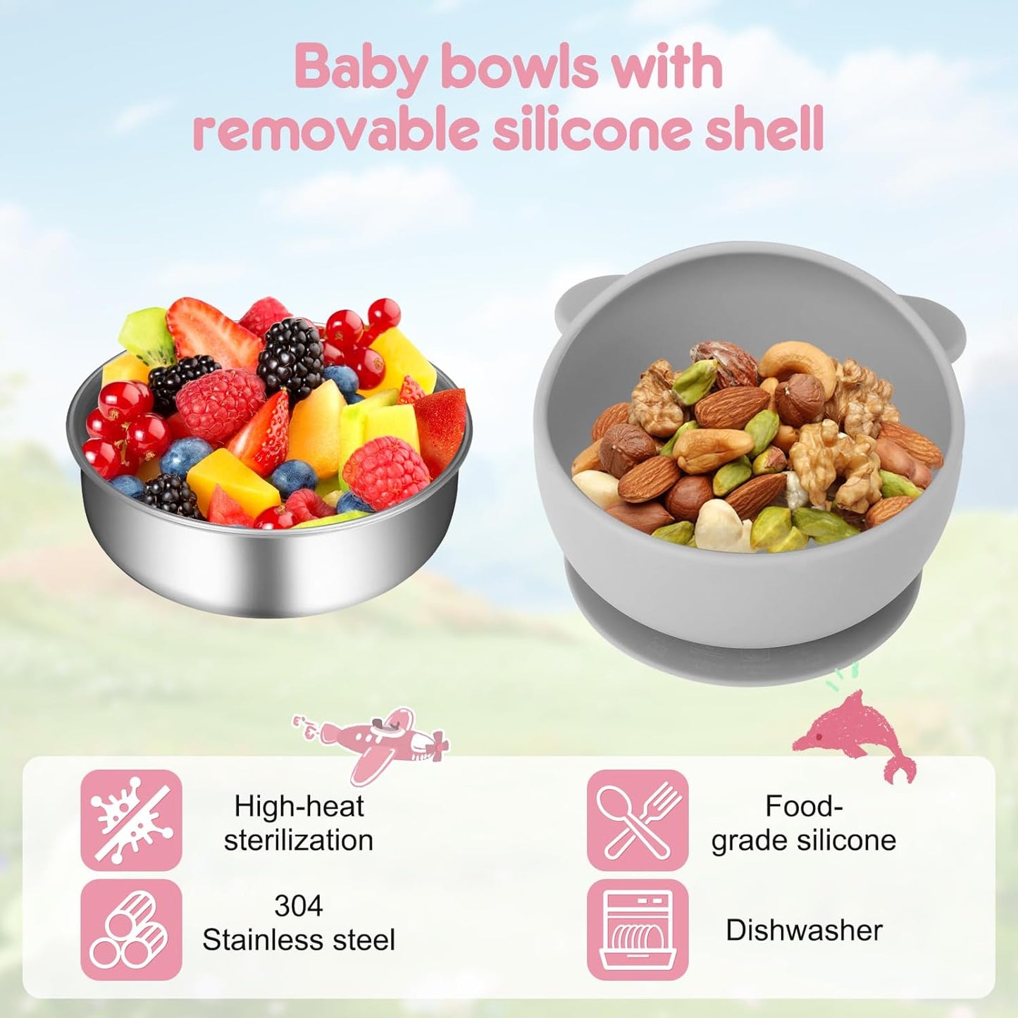 2 Pack Stainless Steel Baby Bowls with Suction, Toddler Bowls with Removable Silicone Shell for Kids, Non-Slip Toddler Baby Feeding Set Dishwasher Safe-Gray & Blue
