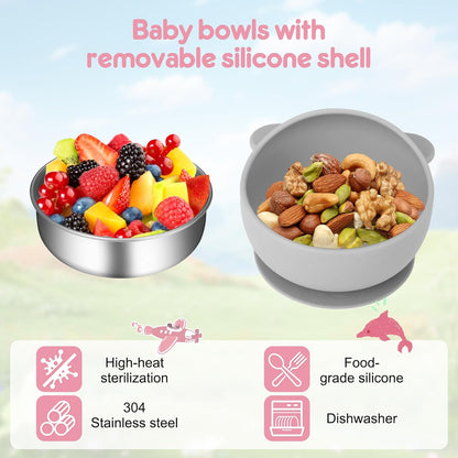 2 Pack Stainless Steel Baby Bowls with Suction, Toddler Bowls with Removable Silicone Shell for Kids, Non-Slip Toddler Baby Feeding Set Dishwasher Safe-Gray & Blue