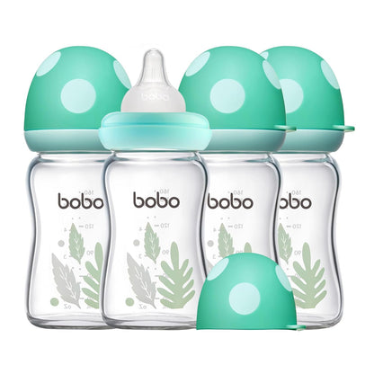 YOHKOH Natural Glass Baby Bottle with Level 1 Slow Flow Nipple, Newborn Anti-Colic Baby Bottles, Wide Neck Mushroom Baby Glass Bottle (Multicolour-A, 3.4oz (Pack of 4))