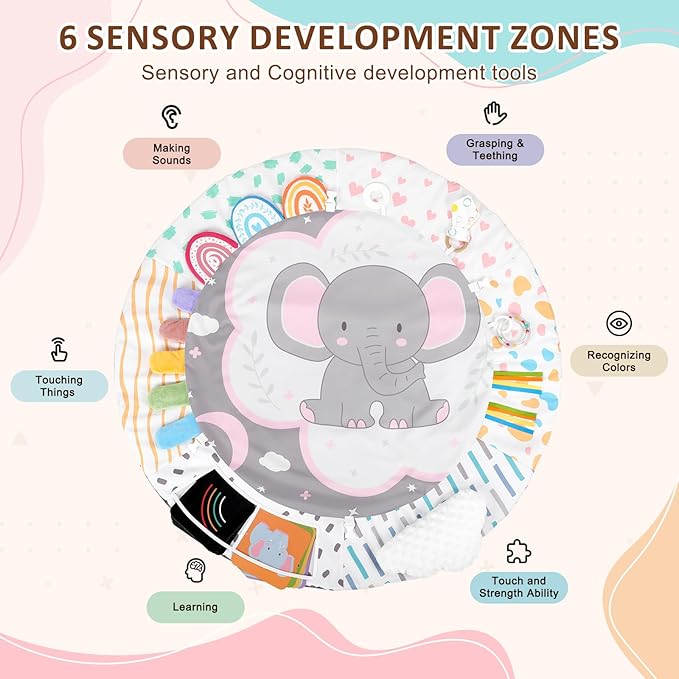 Baby Play Gym & Activity Mat, Tummy Time Mat with Cloud Toy, 7 Detachable Sensory Toys and Educational Cards for Motor Skills & Sensory Development, Baby Essentials Shower Gift, Pink Elephant