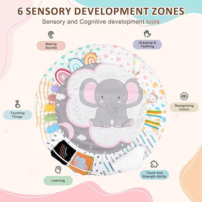 Baby Play Gym & Activity Mat, Tummy Time Mat with Cloud Toy, 7 Detachable Sensory Toys and Educational Cards for Motor Skills & Sensory Development, Baby Essentials Shower Gift, Pink Elephant