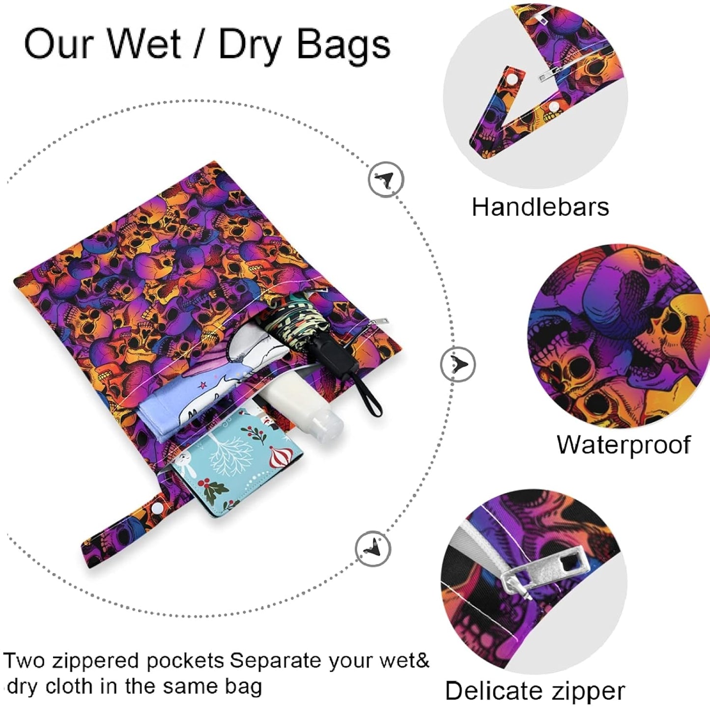 visesunny Bright Human Skull 2Pcs Wet Bag with Zippered Pockets Washable Reusable Roomy Diaper Bag for Travel,Beach,Daycare,Stroller,Diapers,Dirty Gym Clothes,Wet Swimsuits,Toiletries
