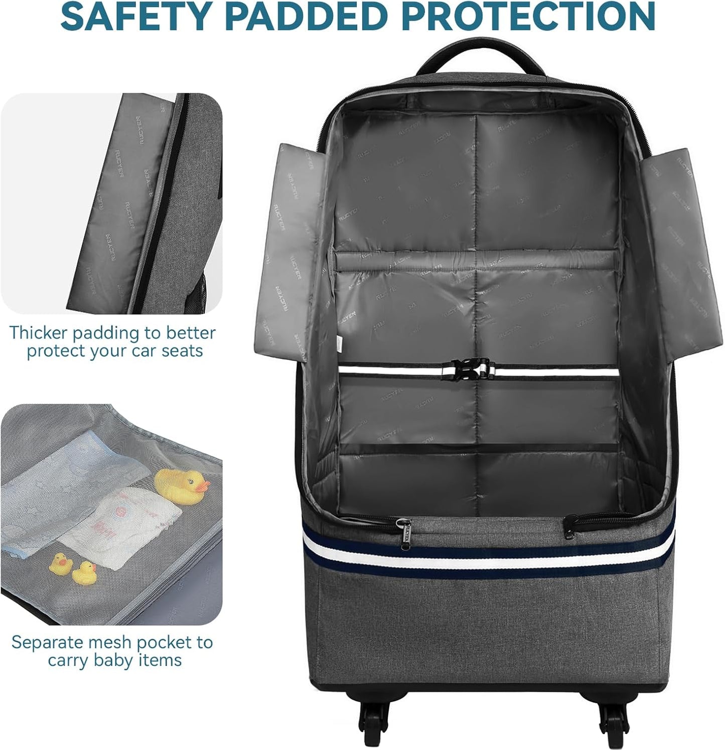 RUCYEN Rolling Car Seat Travel Bag, Padded Carseat Travel Backpack for Airplane,Large Durable Travel Bag with 4 Wheels,Adjustable Shoulder Strap and Waterproof Base Dark Grey