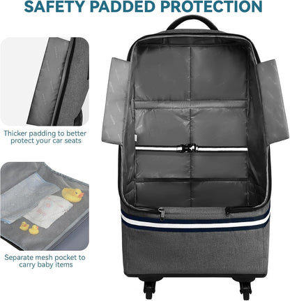 RUCYEN Rolling Car Seat Travel Bag, Padded Carseat Travel Backpack for Airplane,Large Durable Travel Bag with 4 Wheels,Adjustable Shoulder Strap and Waterproof Base Dark Grey