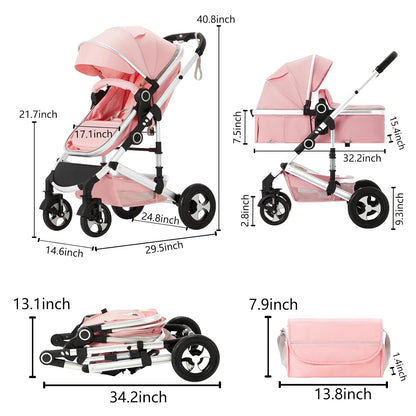 Kinder King 2 in 1 Convertible Baby Stroller, Folding High Landscape Infant Carriage, Newborn Reversible Pram, Adjustable Canopy, Diaper Bag, Pink