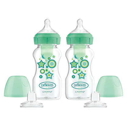 Dr. Brown's Anti-Colic Options+ Wide-Neck Sippy Bottle Starter Kit, 9oz/270mL, with Level 3 Medium-Fast Flow Nipple and Soft 100% Silicone Sippy Spout, Green, BPA-Free, 6m+, 2-Pack
