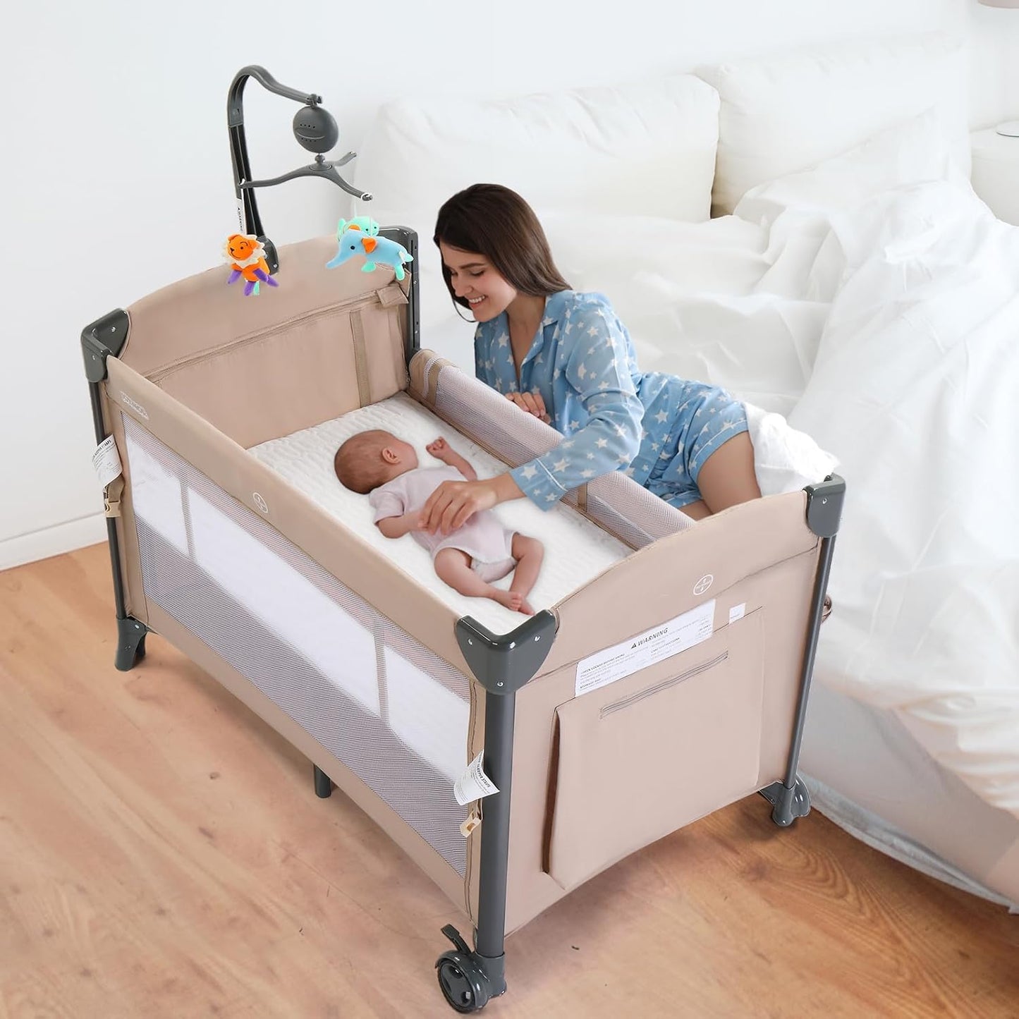JOYMOR Baby Bedside Bassinet, Baby Bassinet, Pack n Play Convert Playpen, Quick Foldable Travel Bed with Wheels & Brake, Carry Bag for Boys Girls (Gray)