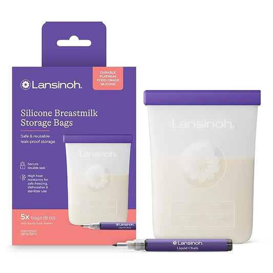 Lansinoh Silicone Breastmilk Storage Bags, Reusable Leakproof Milk Storage Bags with Double Seal, Dishwasher & Sterilizer Safe, 8 oz, 5-Count, BPA Free Breastfeeding Essentials