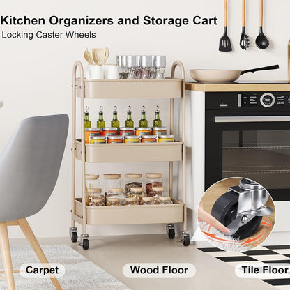 Beige 3 Tier Rolling Cart Metal on Wheels, Three Tiered Storage Organizer Utility Trolley with Wheels for Art, Craft, Baby Diaper Caddy, Snack, Book, Nail, Lash, Cleaning Supplies, Kitchen, Bathroom