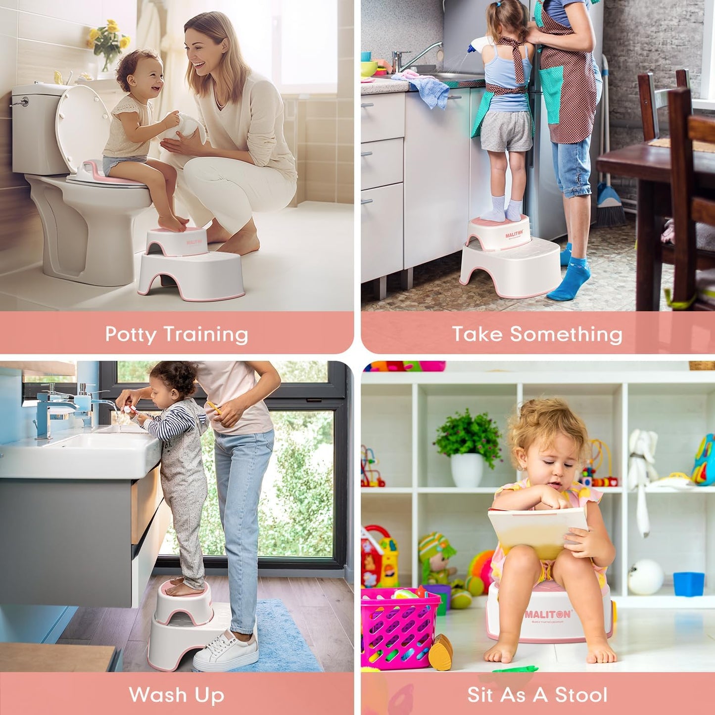Maliton Baby Potty Training Seat with Step Stool, Potty Training Toilet for Boys Girls, Anti-Slip Toddler Stool for Bathroom, Kitchen, Toddler Toilet Seat Set(One Potty Seat+Two Step Stool for Kids)