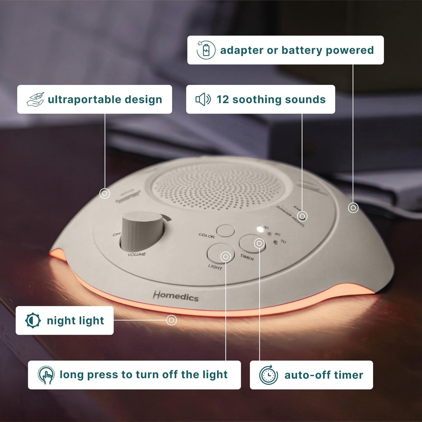 Homedics Sleep Better Portable Sound Machine, Night Light,12 Soothing Sounds Including White Noise, Rain, and Thunderstorm, Ultra-Portable Design, Auto-Off Timer, Ideal for Travel & Baby Sleep, Cream