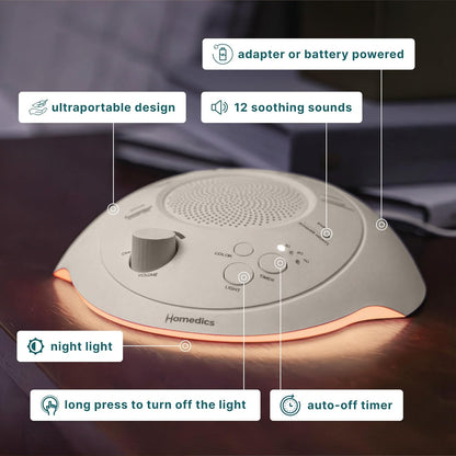 Homedics Sleep Better Portable Sound Machine, Night Light,12 Soothing Sounds Including White Noise, Rain, and Thunderstorm, Ultra-Portable Design, Auto-Off Timer, Ideal for Travel & Baby Sleep, Cream