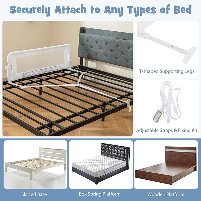 BABY JOY Double Sided Bed Rail Guard, 2 Pack, Extra Long, Swing Down for Convertible Crib, Folding Baby Safety Bedrail for Kids Twin Full Size Queen King Mattress, Rails for Toddlers (White, 47")