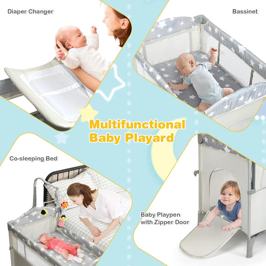 HONEY JOY Pack and Play with Bassinet, 5-in-1 Baby Bedside Sleeper w/Diaper Changing Table & Storage Bag, Toy Arch & Music Box, Detachable Side Rail, Portable Baby Play Yard w/Carry Bag(Gray)
