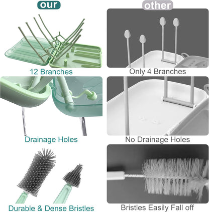 Baby Bottle Brush, 7 in 1 Travel Bottle Cleaner Kit with Soap Dispenser, Bottle Drying Rack, Dishcloths, Portable Essentials for Home and Travel-White