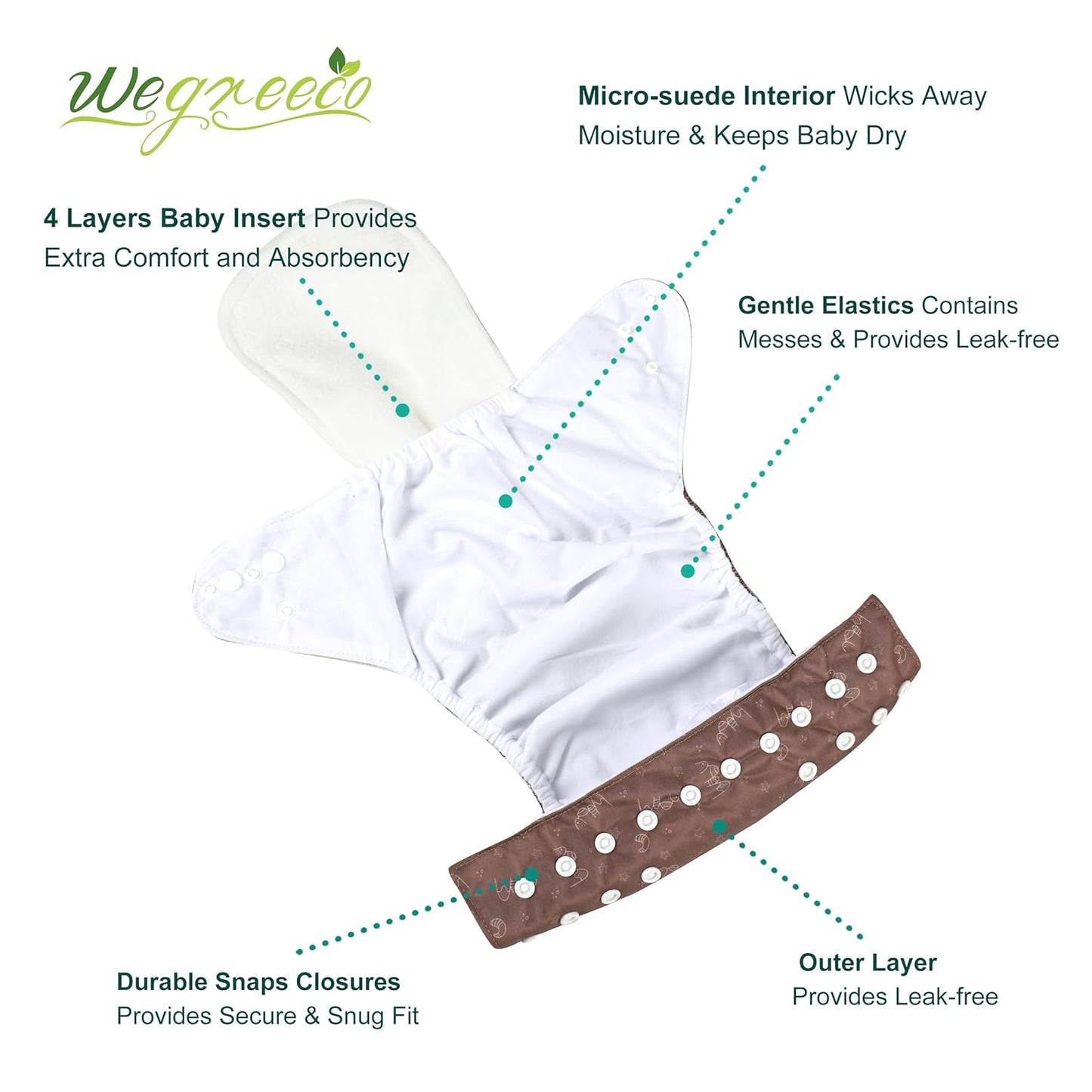 wegreeco Cloth Diapers 6 Pack with 6 Inserts & 1 Wet Bag, Washable Cloth Diapers for Babies, One Size Adjustable Reusable (Flower)