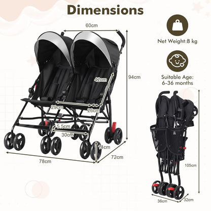 BABY JOY Double Umbrella Stroller, Lightweight Travel Side by Side Twin Stroller with Large Storage, Cup Holder, 5-Point Safety Harness, Adjustable Canopy & Compact Fold for Infant and Toddler (Black)