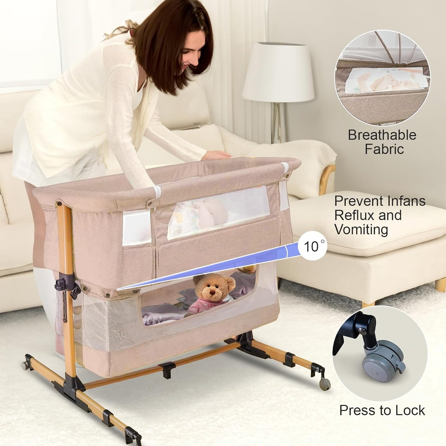 Baby Bassinet, 3 in 1 Infant Bassinet Bedside Sleeper, Bassinet with Cover, Rocking Bedside Bassinet for Baby with Storage Basket, Foldable & Adjustable Travel Crib (Light Pink)